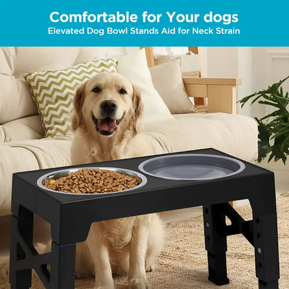 Elevated Dog Bowls,  5 Adjustable Heights Raised Dog Bowl Stand with 1 Stainless Steel Food & Dog Water Bowl, Dog Bowls for Large Dogs& Cats (Black)
