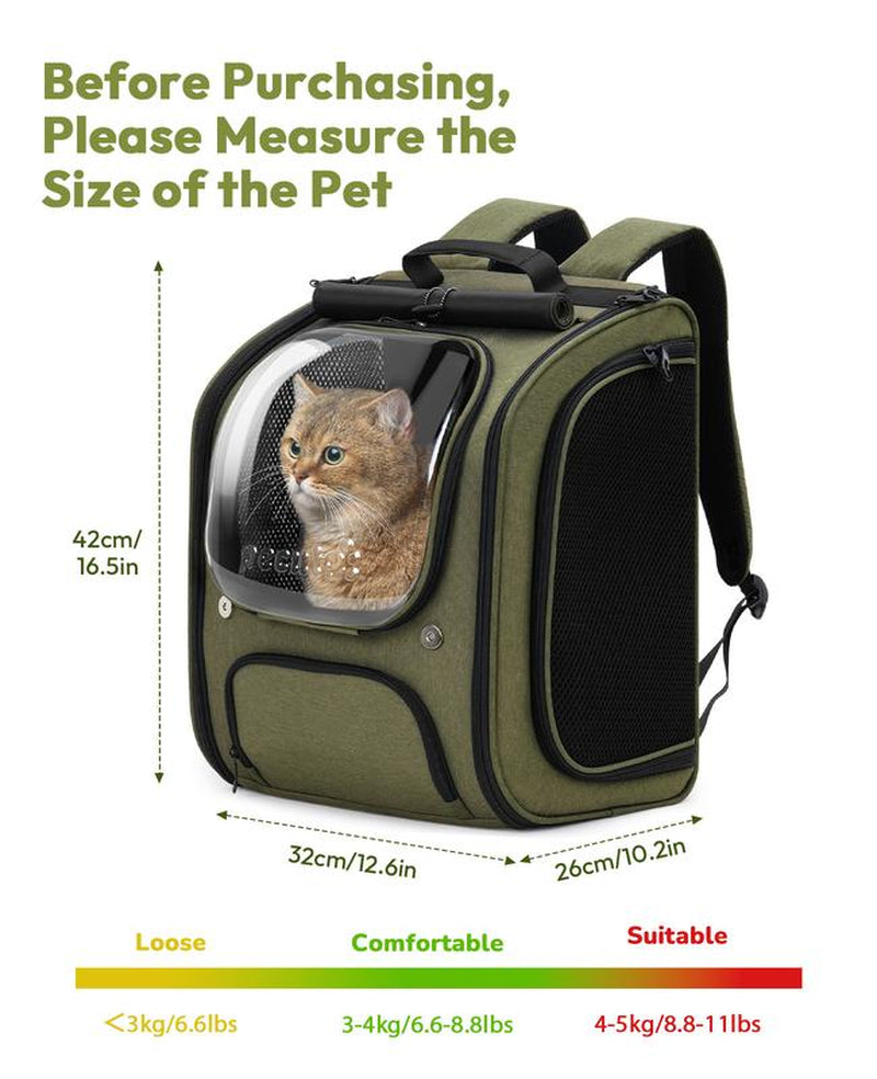 Pecute Cat Backpack Carrier Large Space Bubble Design for Travel Green Gray Khaki Ideal for Cat Lovers