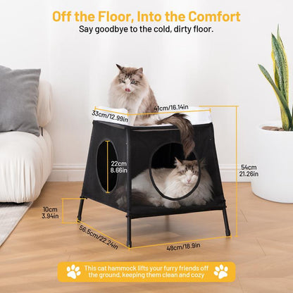 Elevated Double-Layer Cat Hammock Bed – Foldable Indoor Pet Cave for Large Cats, Dogs & Bunnies, Removable Cover