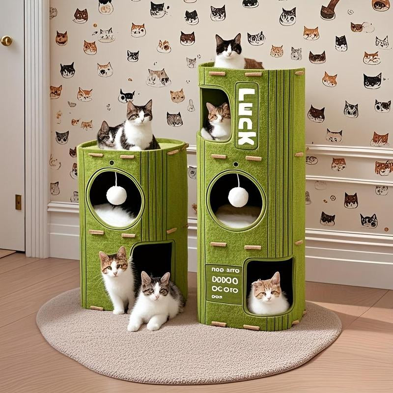 Three-Tiered Multifunctional Felt Bed with Cave House Cat Climbing Frame, Instinct-Inspired Design, Large Ventilation Holes, Optional Scratching Posts, Space-Saving and Removable