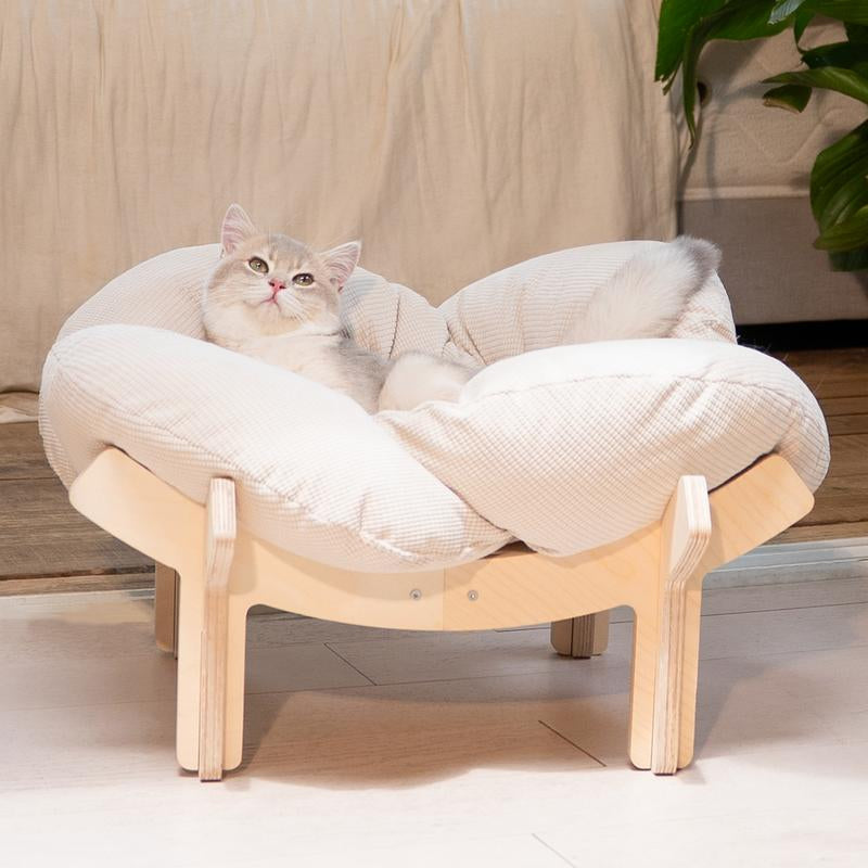 Elevated Flower Cat Bed，Wooden with Cushion， Fluffy Pet Couch Sofa for Indoor Cats and Dogs， Raised Kitty Lounge Chair， Suitable for Puppy, Cat Furniture(Large)