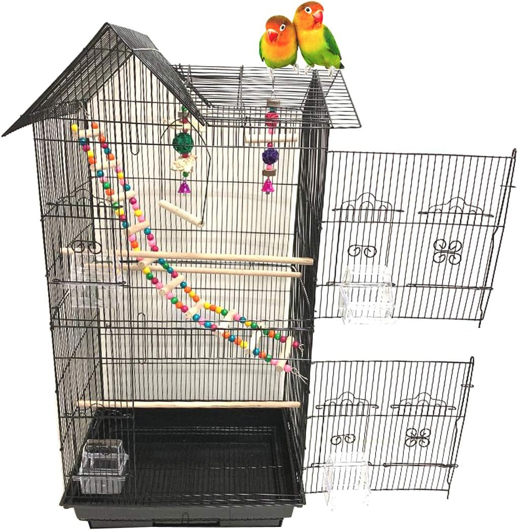 38-Inch Double Roof Top Large Flight Bird Cage with Toys Climbing Ladder Side Nesting Box Doors for Cockatiels Sun Parakeets Conures Aviary Budgie Finch Lovebird Canary Pet Bird Travel Cage