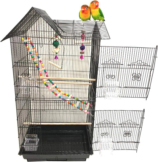 38-Inch Double Roof Top Large Flight Bird Cage with Toys Climbing Ladder Side Nesting Box Doors for Cockatiels Sun Parakeets Conures Aviary Budgie Finch Lovebird Canary Pet Bird Travel Cage