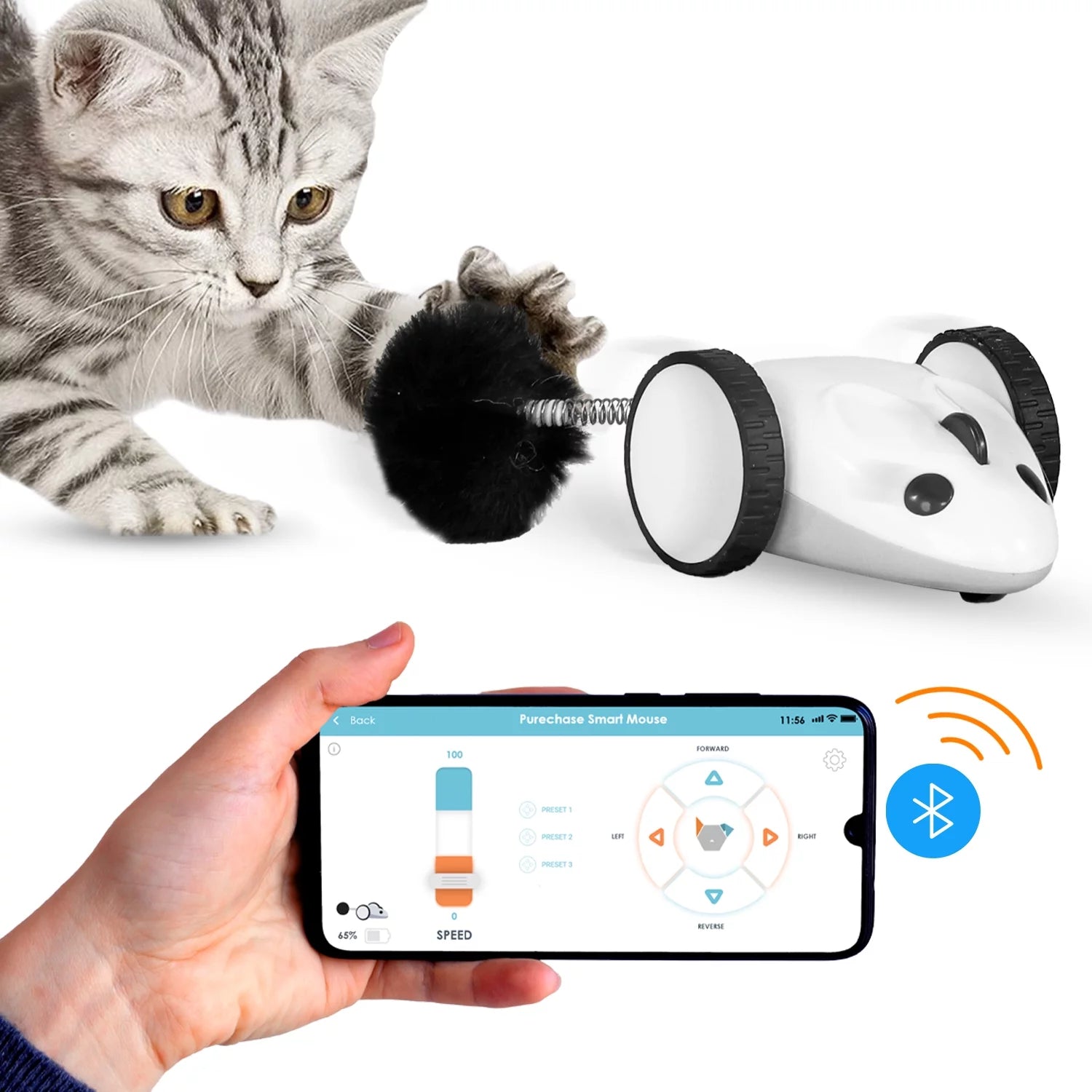 Purechase Smart Cat Toy, Interactive Automatic Mouse Shaped Toy for Pets, App Enabled with Adjustable Speed, Flip Modes, Replaceable Plush Tail and USB Charging for Kittens and Dogs